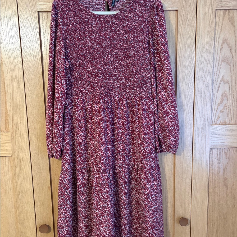 Women's Long Sleeve Floral Midi Dress - Burgundy